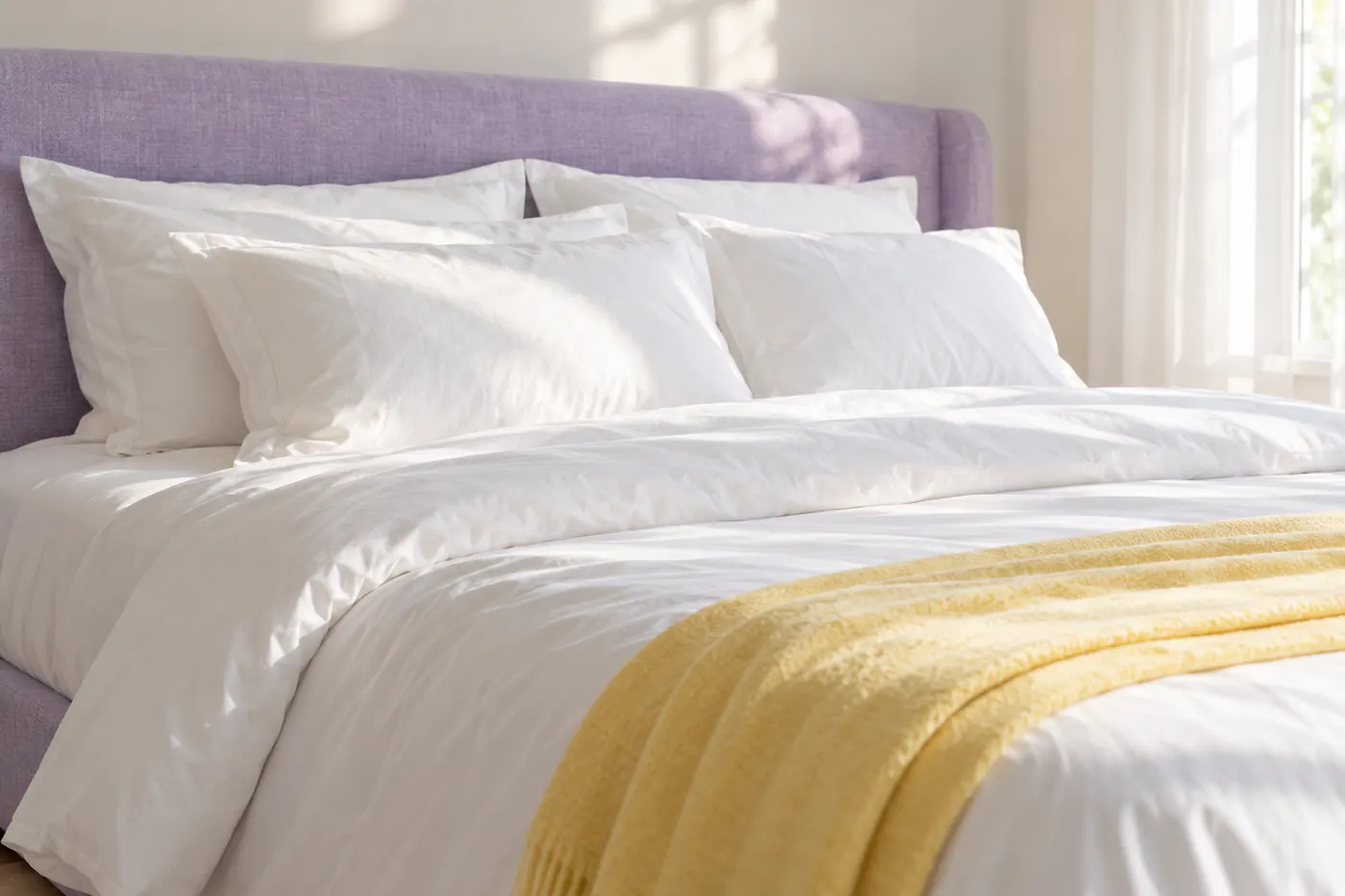 Frisch gemachtes Bett mit weißer Bettwäsche und gelber Decke