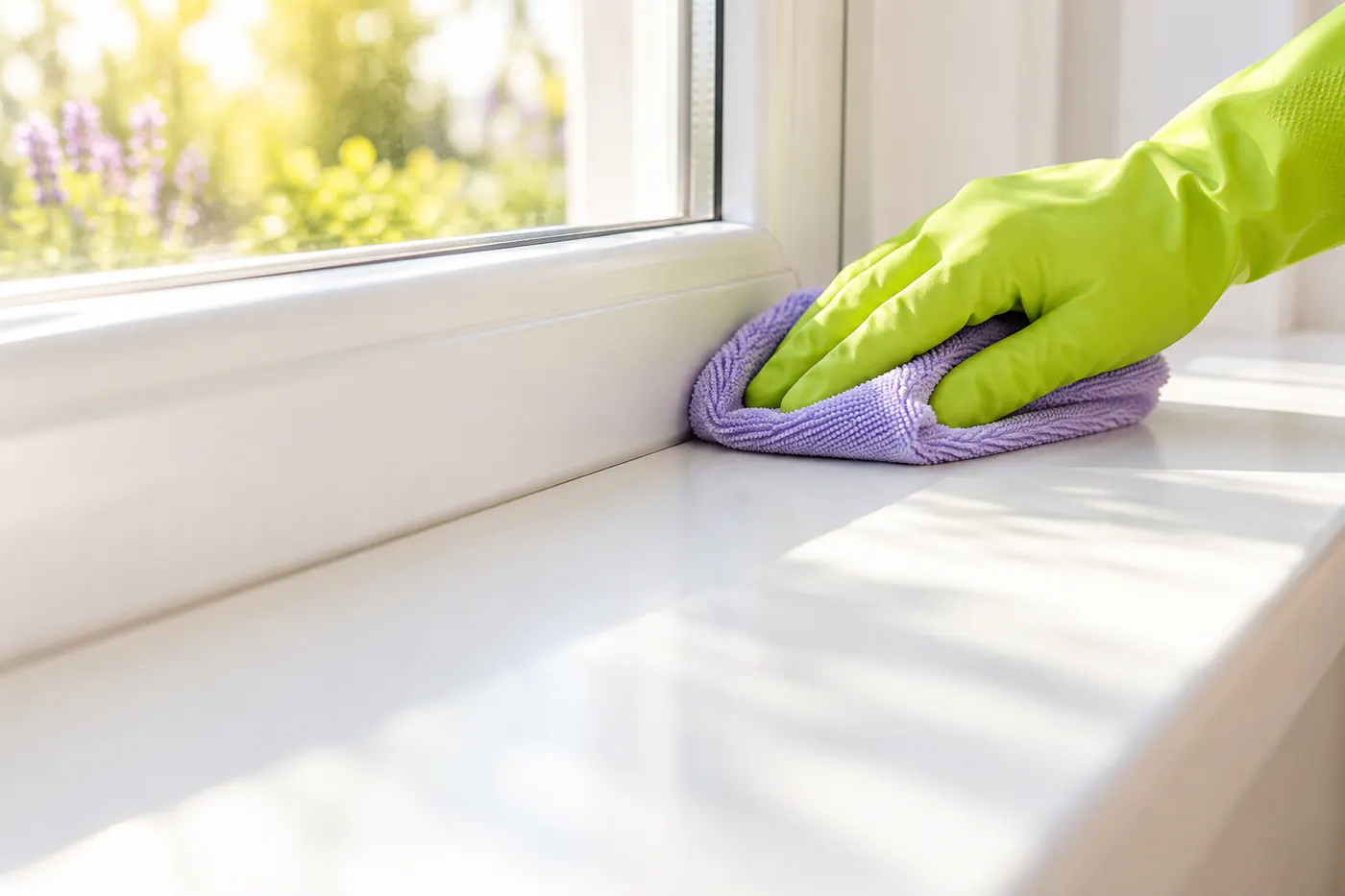Hand im grünen Handschuh wischt mit einem lavendelfarbenen Tuch eine helle Fensterbank