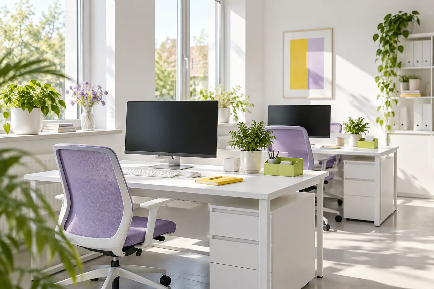 Helles Büro mit weißen Schreibtischen, lavendelfarbenen Stühlen und Pflanzen