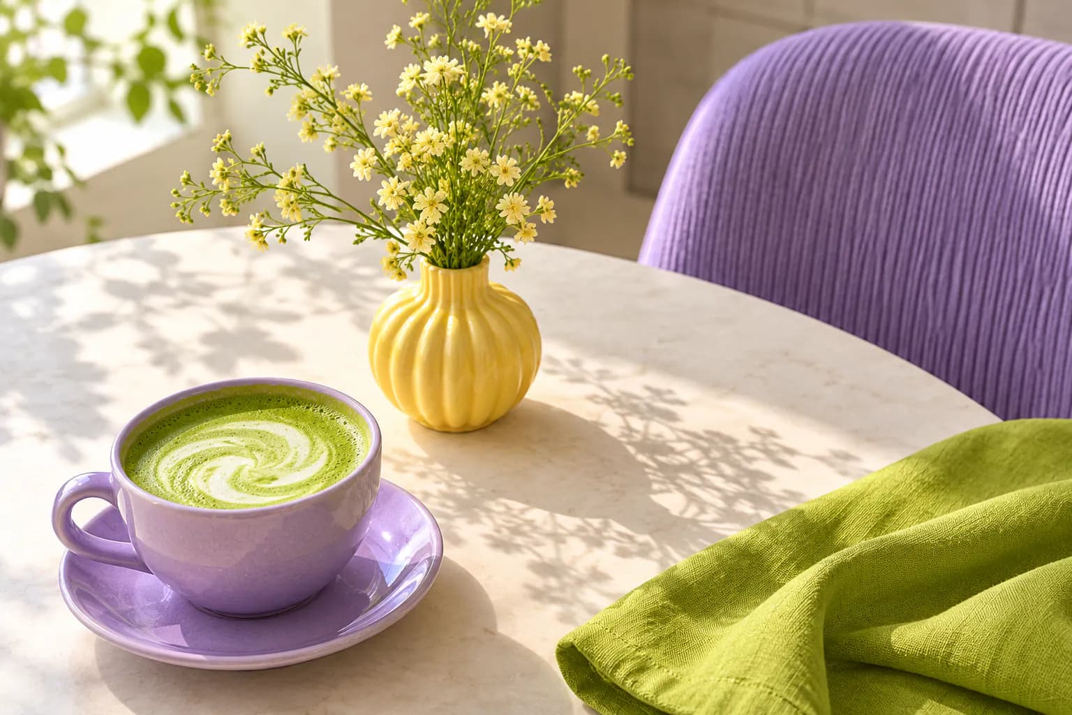 Matcha in einer lavendelfarbenen Tasse, gelbe Vase mit Blumen und ein lavendelfarbener Stuhl im Sonnenlicht