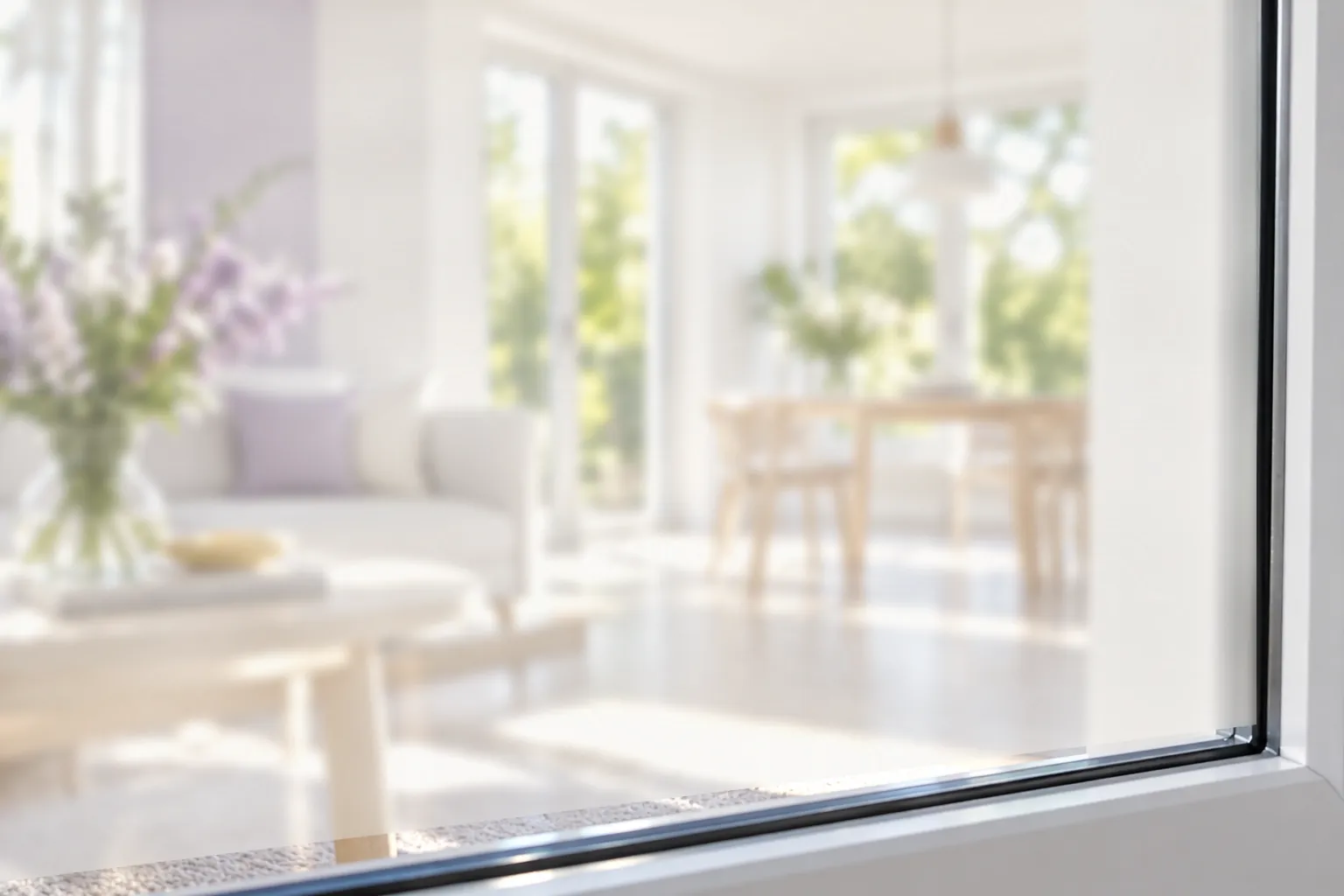 Trübe, verschleierte Fensterscheibe vor einem hellen Wohnraum